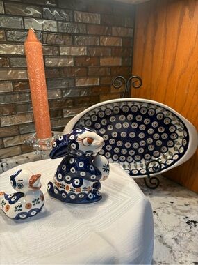 Duck Handmade Polish Pottery Figurine - Navy & White